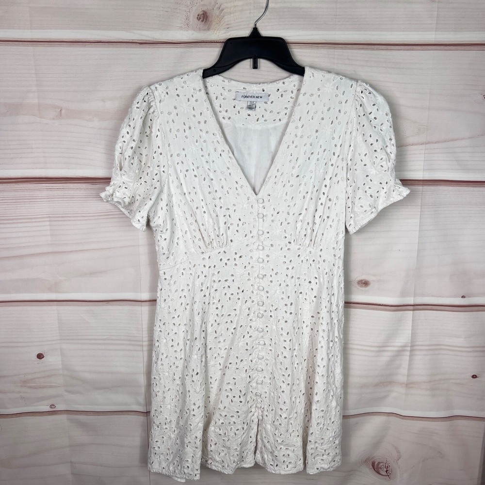 Forever New Dress Women US 10 White Eyelet Mini Button Front Short Sleeve V-Neck